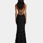 Black lace maxi dress with open back and crisscross tie straps
