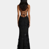 Black lace maxi dress with open back and crisscross tie straps