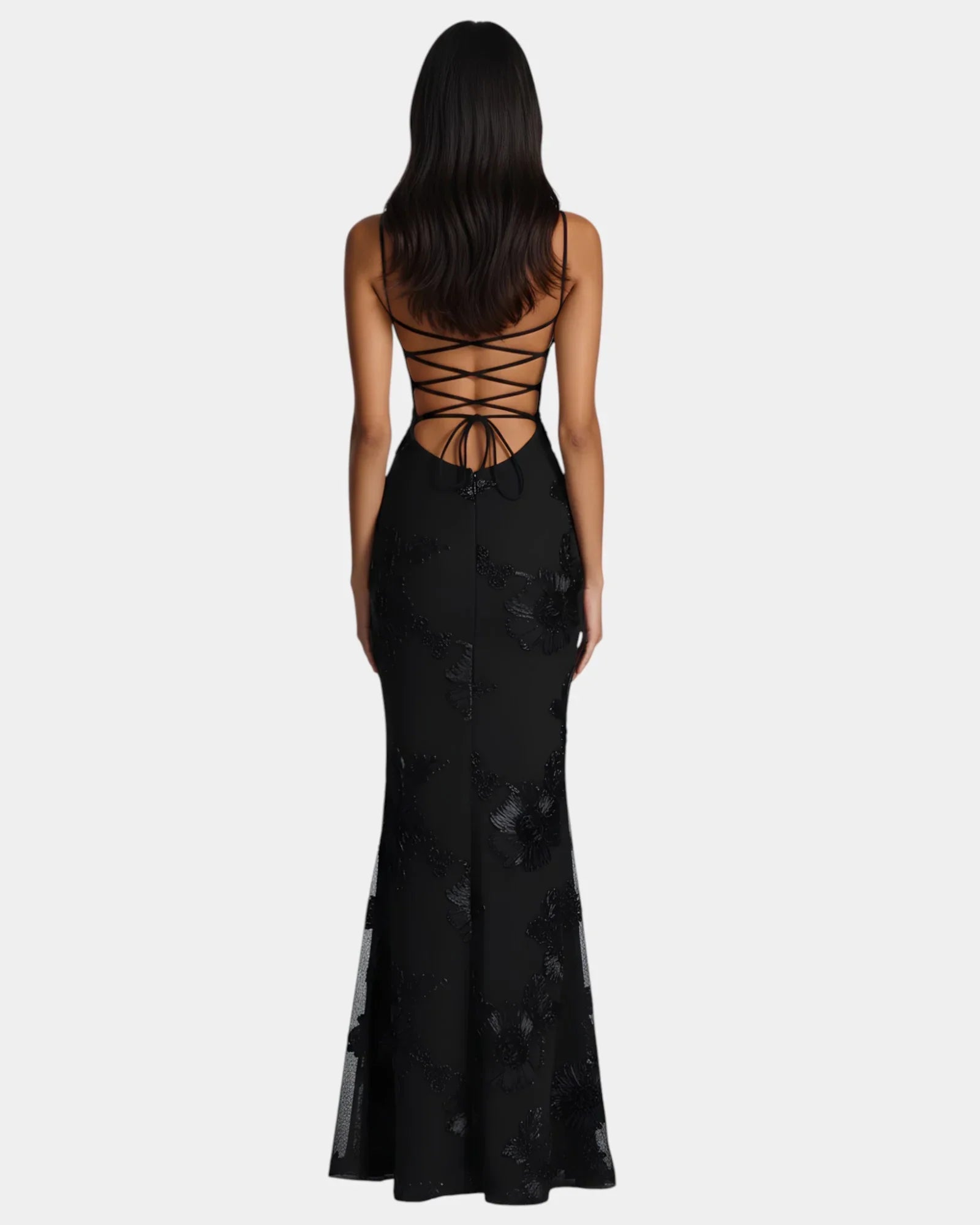 Black lace maxi dress with open back and crisscross tie straps