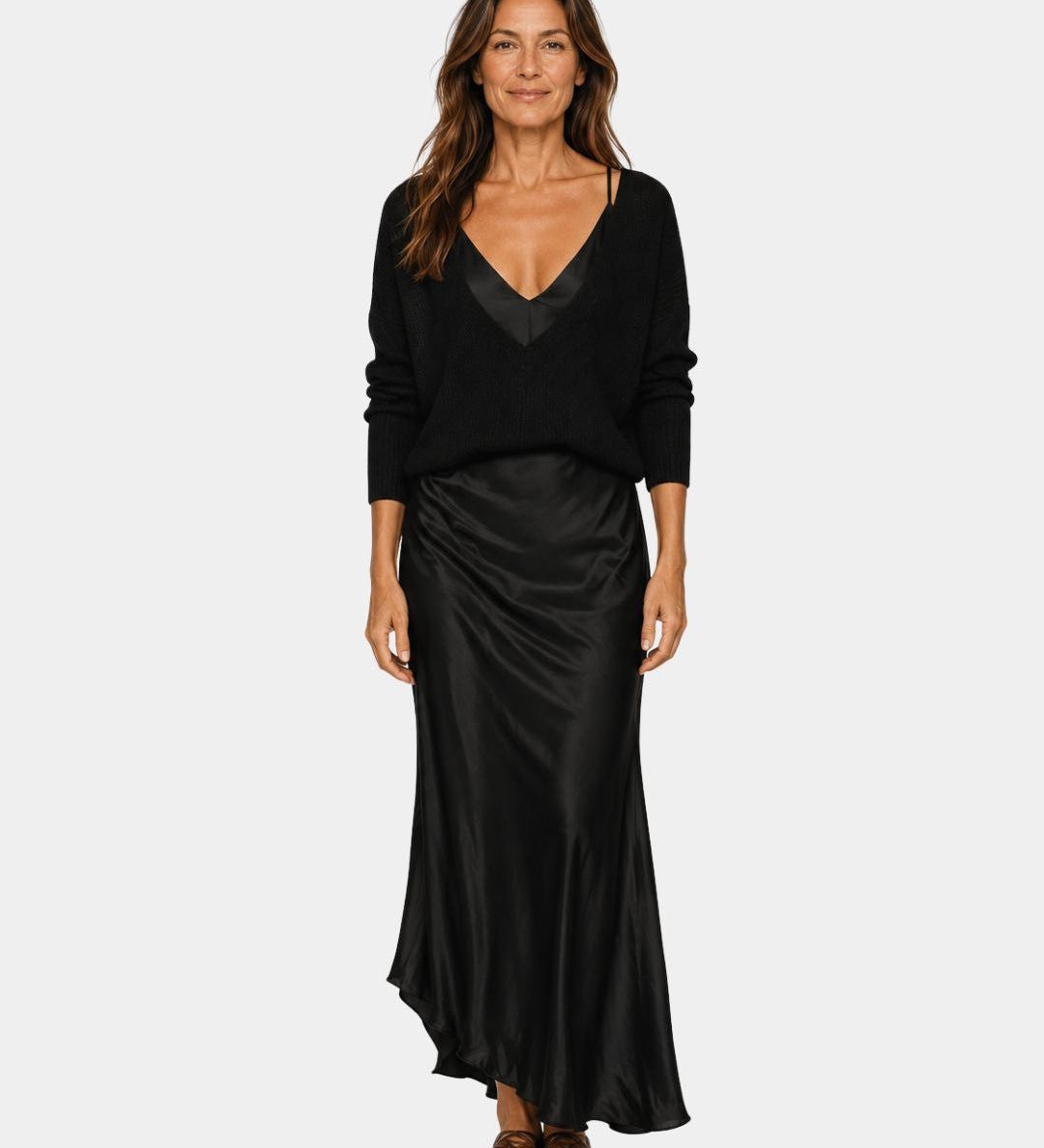 Black V-neck dress with blouse top and draped satin midi skirt
