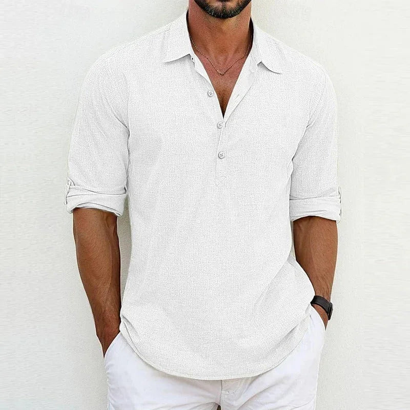 Men's white linen button-up shirt with short sleeves and open collar