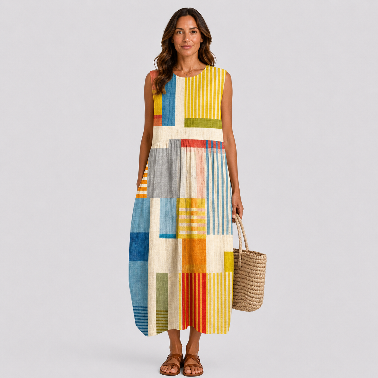 Sleeveless patchwork summer dress with multicolor vertical blocks, midi length