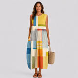 Sleeveless patchwork summer dress with multicolor vertical blocks, midi length