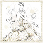 White fabric print with black-and-gold woman illustration and ornate border