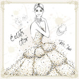 White fabric print with black-and-gold woman illustration and ornate border
