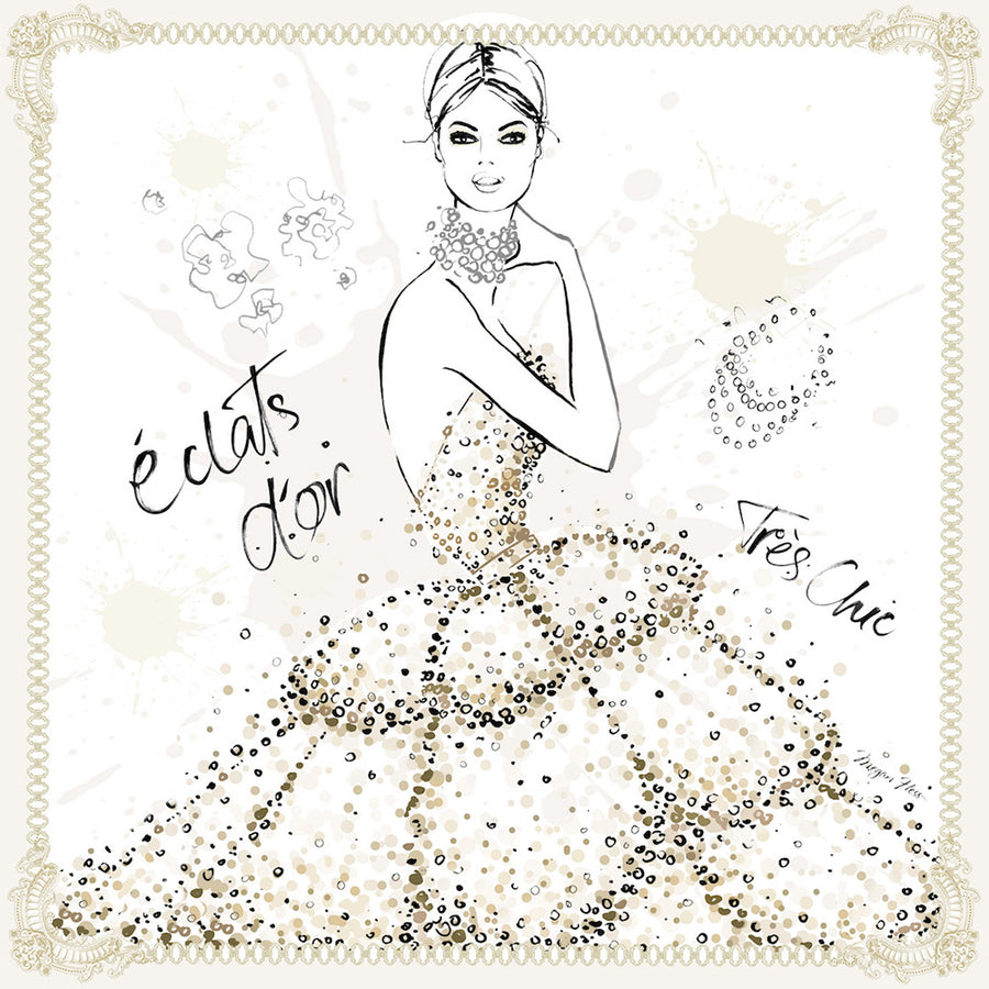 White fabric print with black-and-gold woman illustration and ornate border