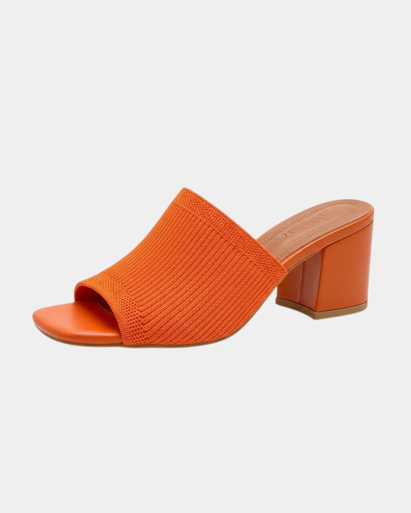 Orange knit open-toe slide sandal with chunky block heel.