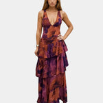 Purple and rust abstract print V-neck tiered maxi dress, ruffled skirt layers