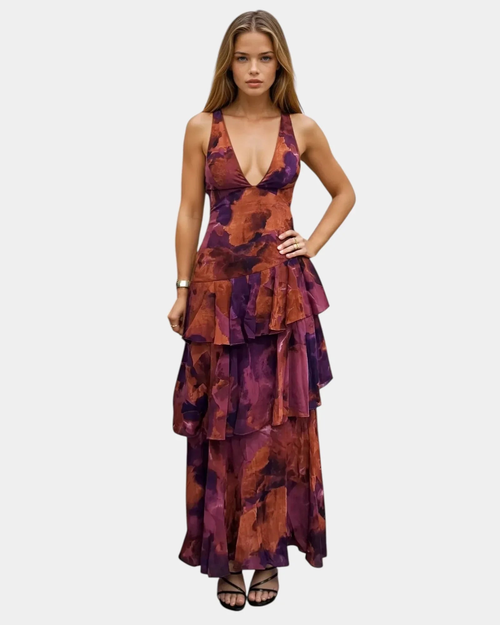 Purple and rust abstract print V-neck tiered maxi dress, ruffled skirt layers