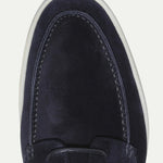 Navy blue suede loafer toe with contrast stitching detail