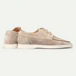 Light beige suede lace-up loafers, back and side view