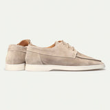 Light beige suede lace-up loafers, back and side view