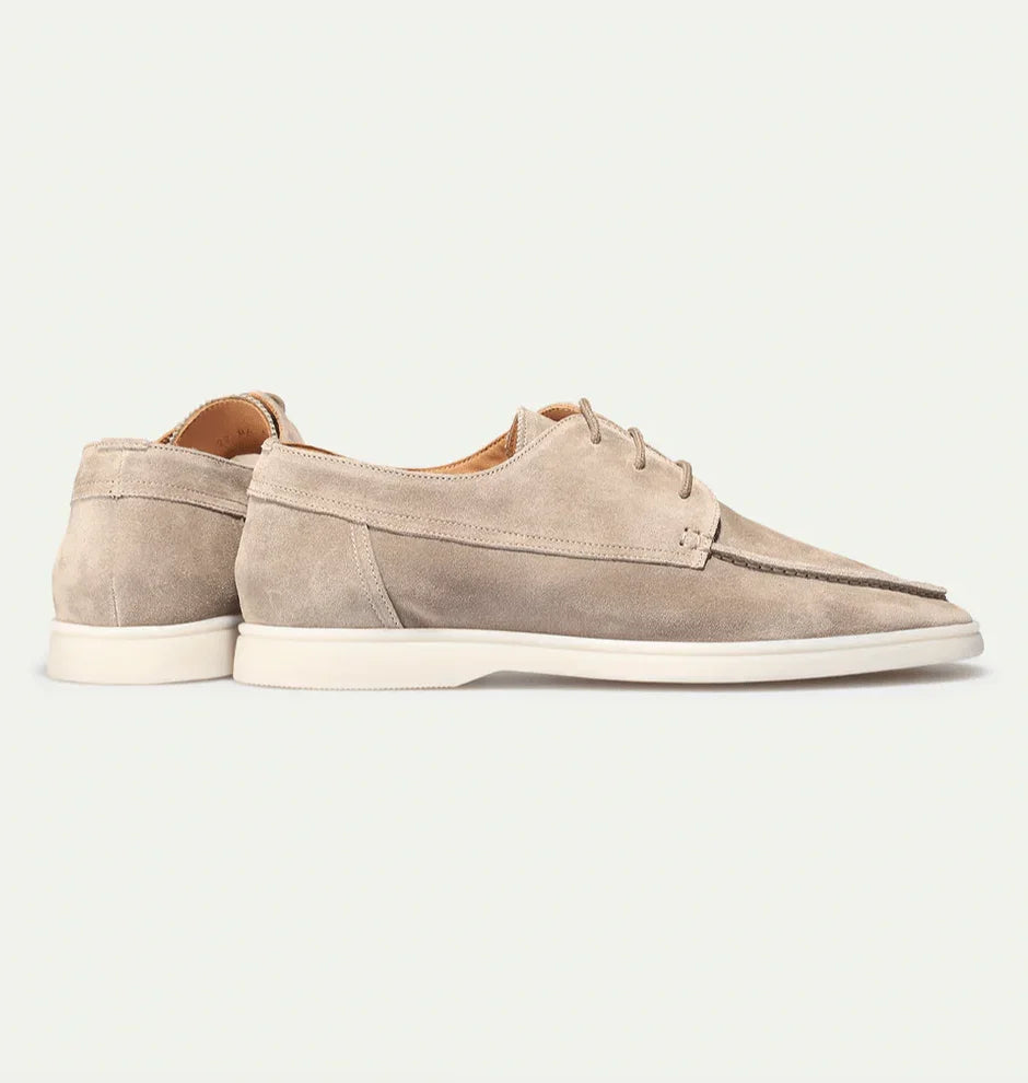 Light beige suede lace-up loafers, back and side view