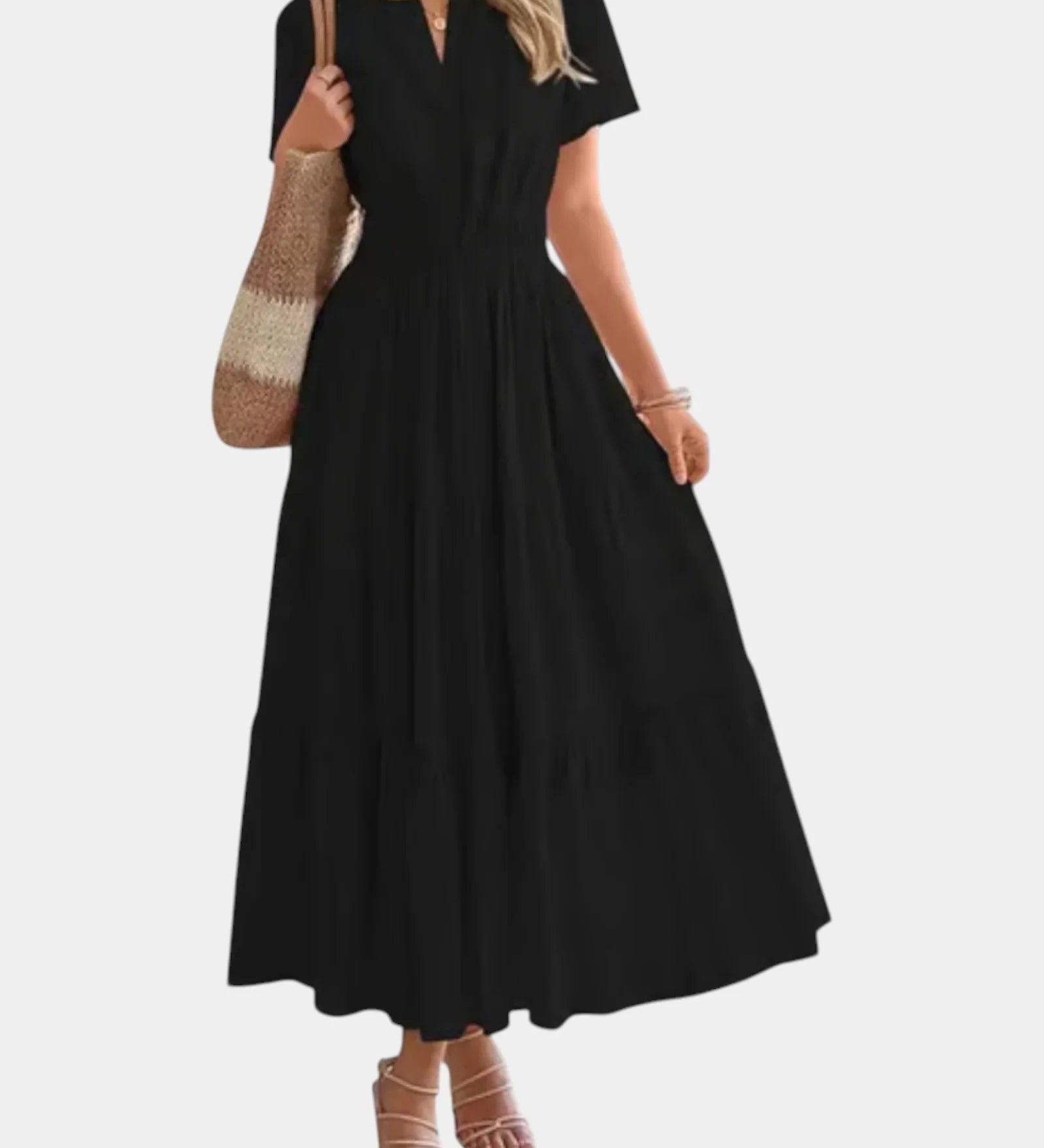 Black tiered maxi dress with V-neck, short sleeves, and elasticated gathered waist