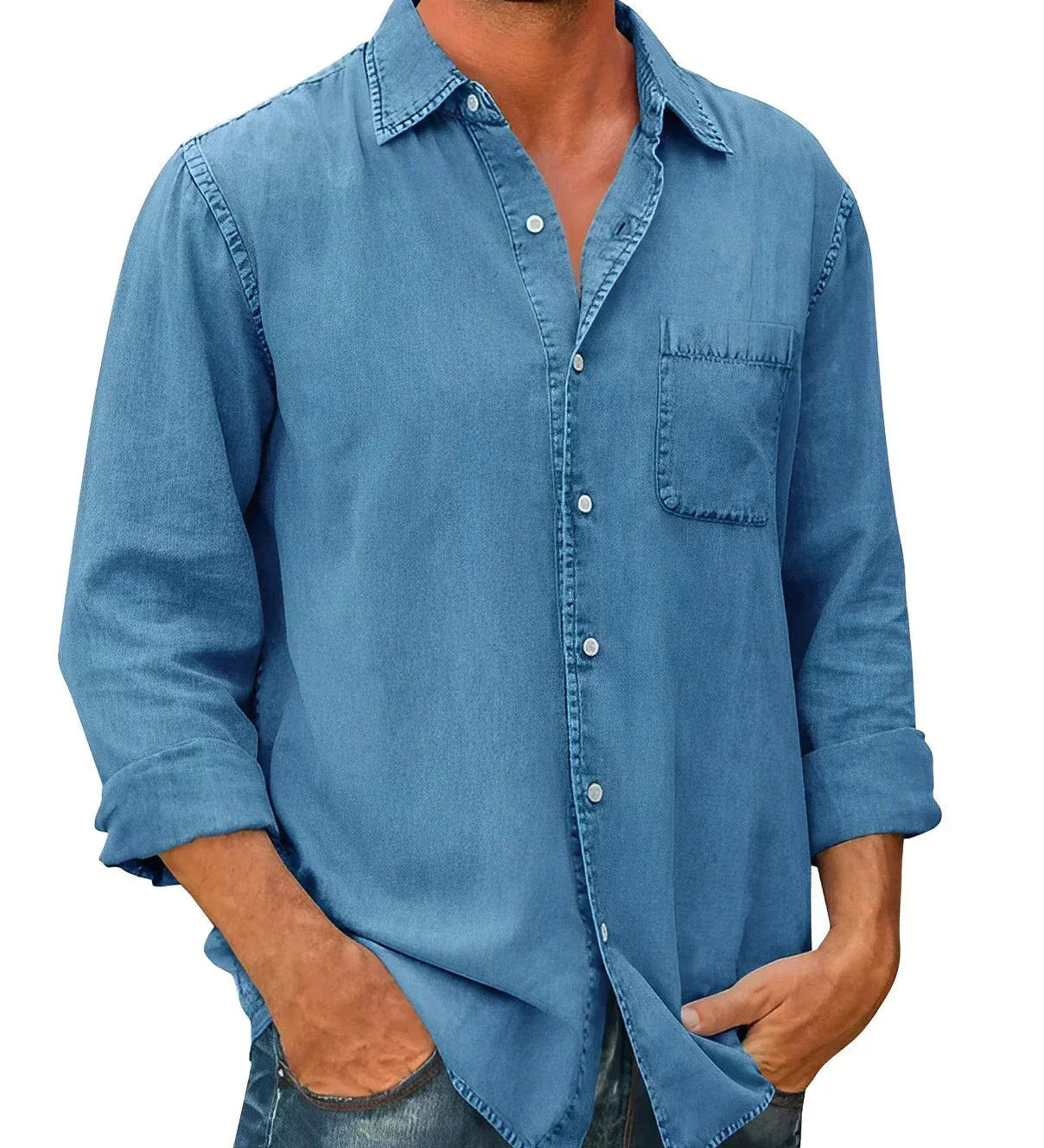 Light blue long-sleeve button-up shirt with chest pocket and classic collar