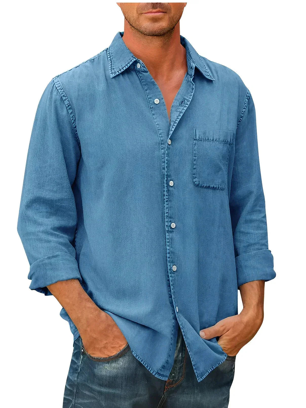Light blue long-sleeve button-up shirt with chest pocket and classic collar