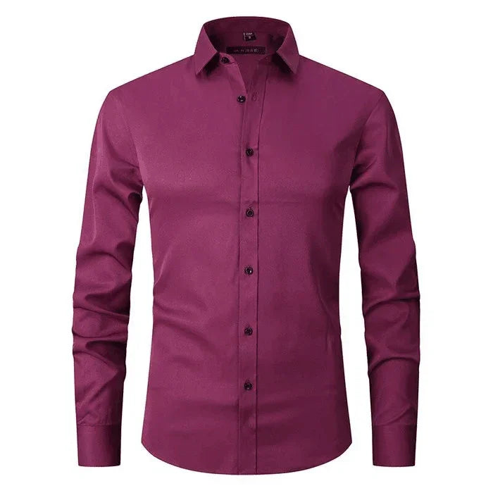 Burgundy anti-wrinkle dress shirt with long sleeves, button-down front, and spread collar