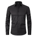 Black long-sleeve button-up shirt with spread collar and front button placket