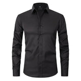 Black long-sleeve button-up shirt with spread collar and front button placket