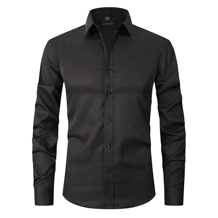Black long-sleeve button-up shirt with spread collar and front button placket