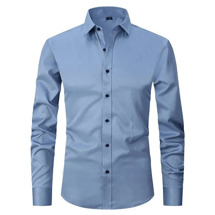 Light blue long-sleeve button-up shirt with spread collar and chest pocket