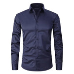 Navy blue long-sleeve button-up shirt with spread collar and black button placket