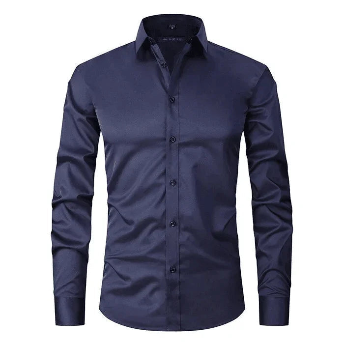 Navy blue long-sleeve button-up shirt with spread collar and black button placket