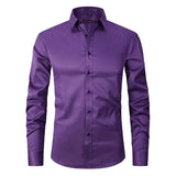 Purple long-sleeve button-up shirt with spread collar and black front buttons