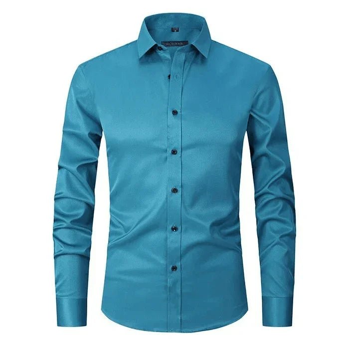 Teal blue long-sleeve button-up shirt with spread collar and dark button placket