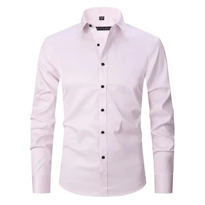 White anti-wrinkle dress shirt with long sleeves, button-down front, and spread collar
