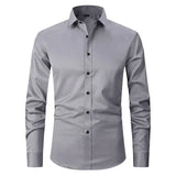 Gray anti-wrinkle dress shirt with long sleeves, button-down front, and spread collar