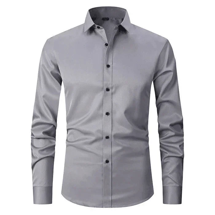 Gray anti-wrinkle dress shirt with long sleeves, button-down front, and spread collar