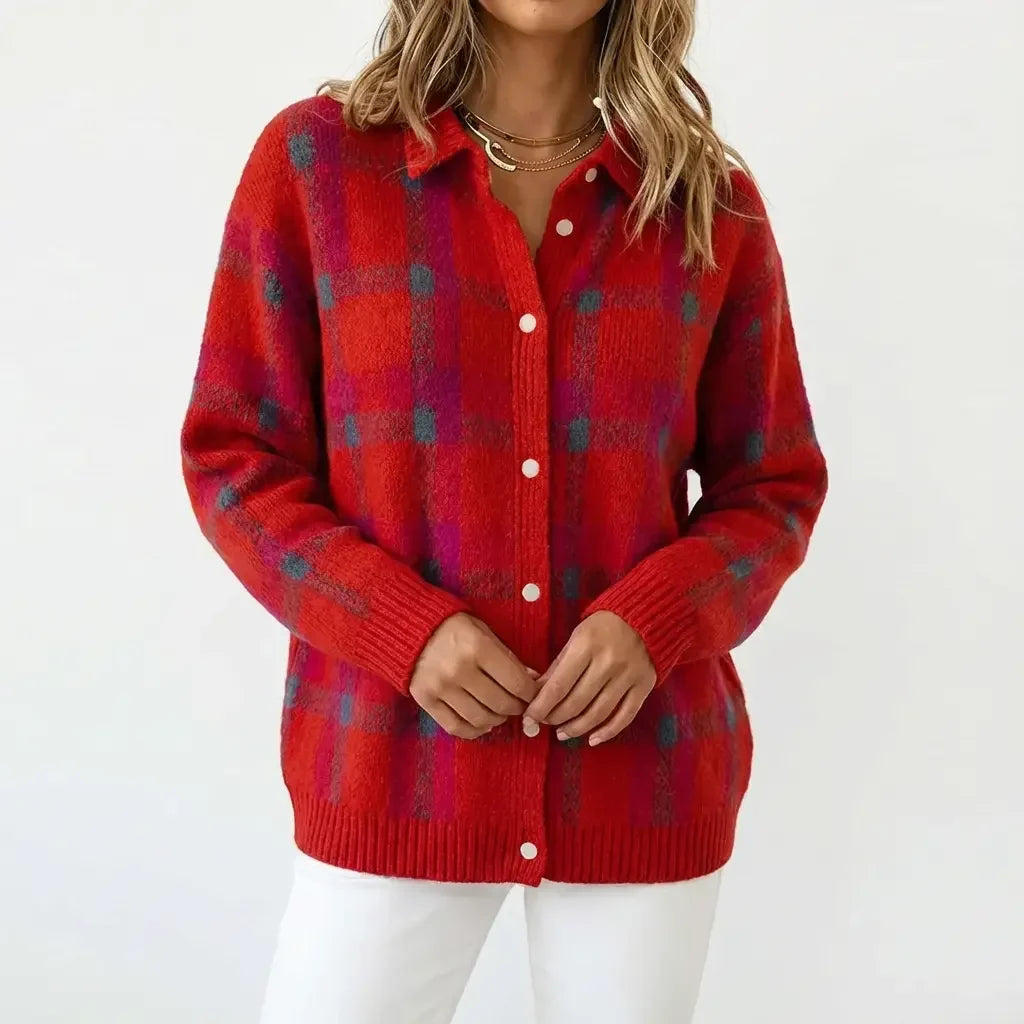 Red wool cardigan with blue plaid, button-front and ribbed knit cuffs