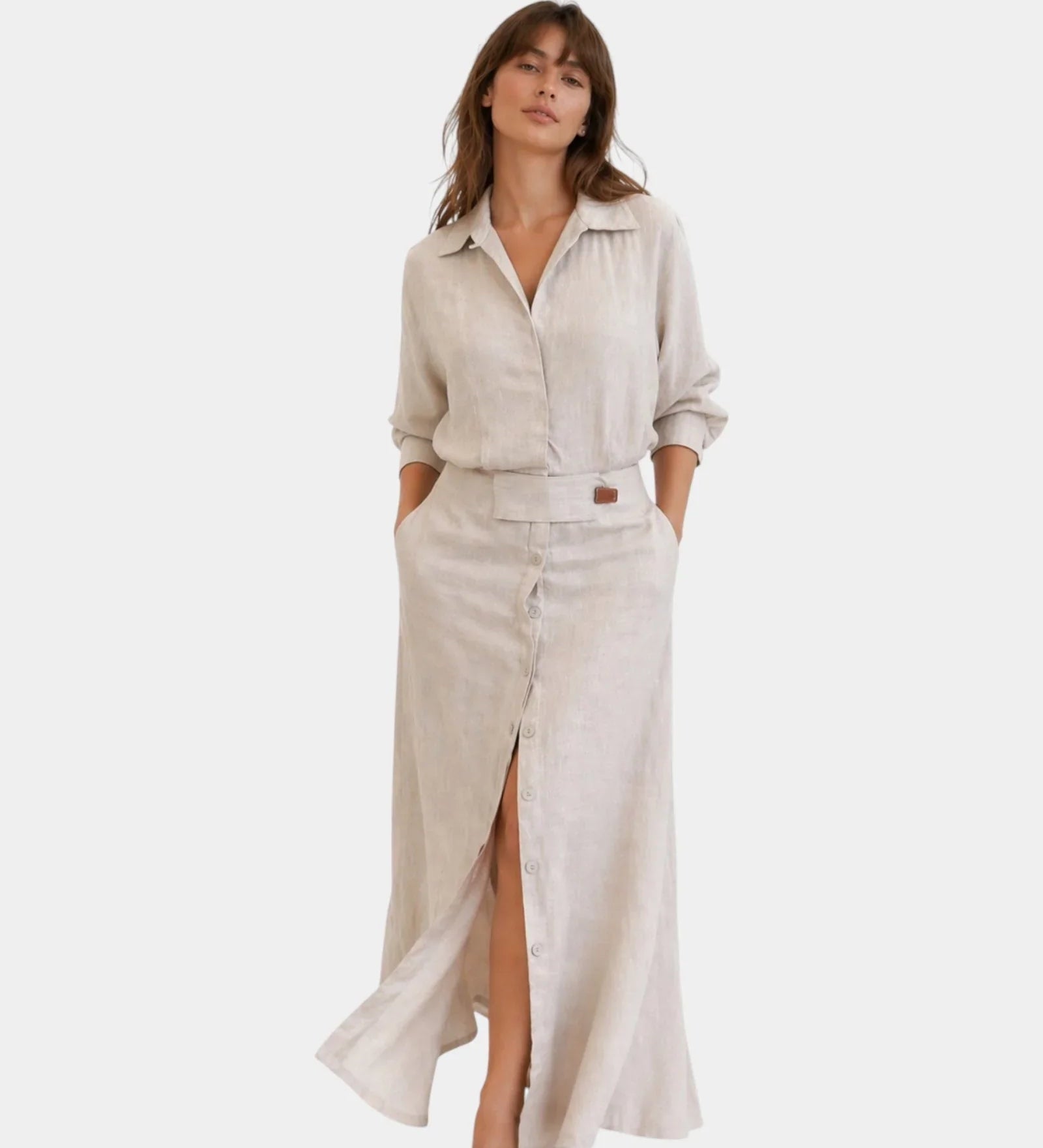 Beige minimalist long dress, button-front with collar, three-quarter sleeves
