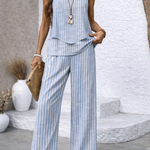 Light blue striped tiered sleeveless top and wide-leg pants