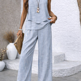 Light blue striped tiered sleeveless top and wide-leg pants
