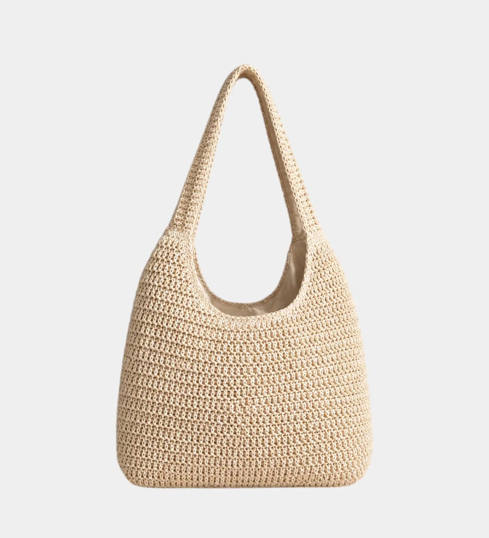 Beige woven hobo bag with wide shoulder handle and open top, textured knit weave.