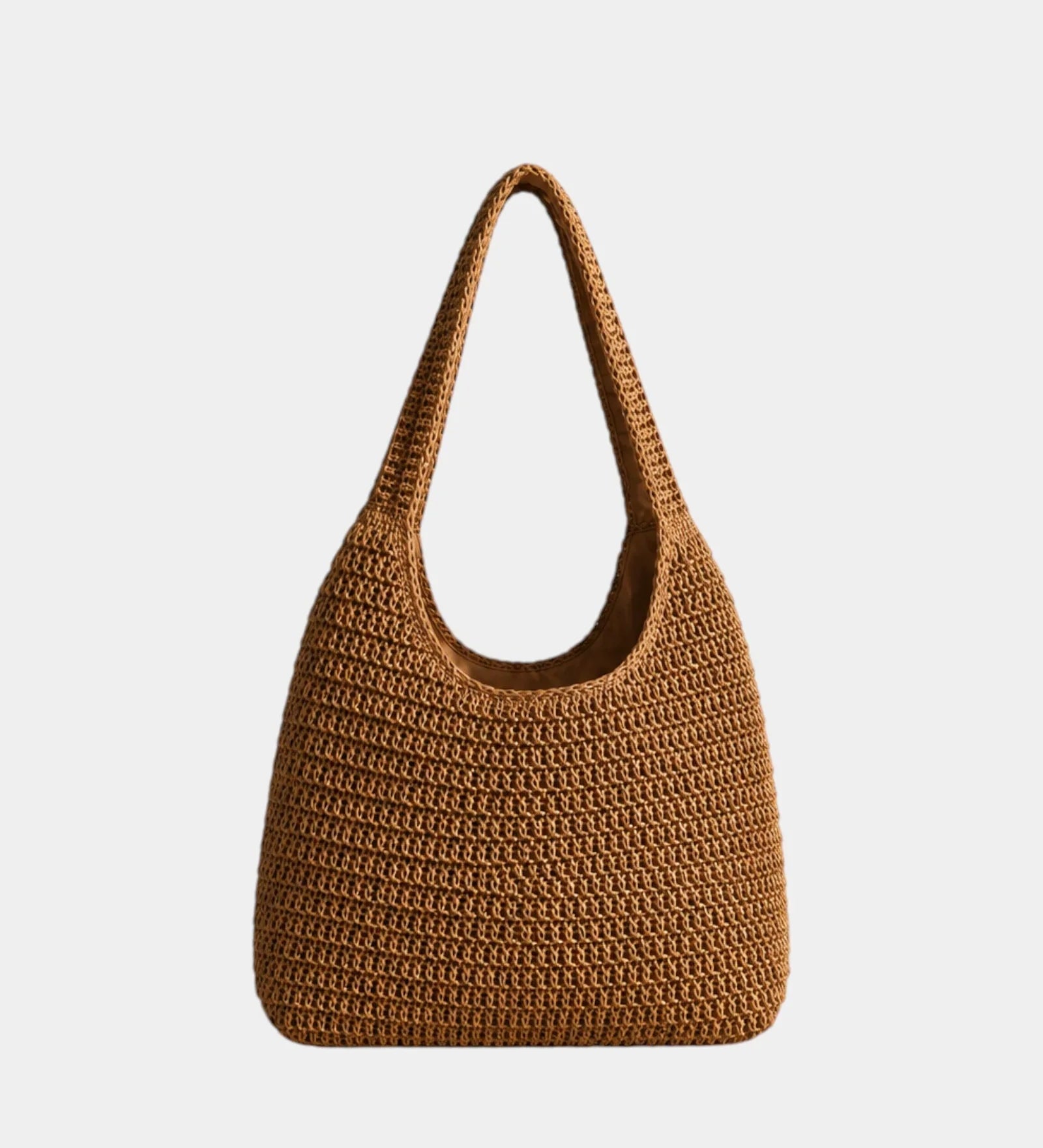 Tan woven hobo bag with wide shoulder handle and open top, textured knit weave.