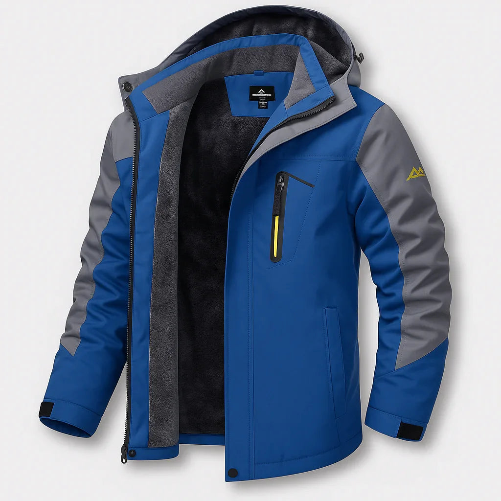 Blue winter jacket with gray panels, black inner fleece, and hooded collar