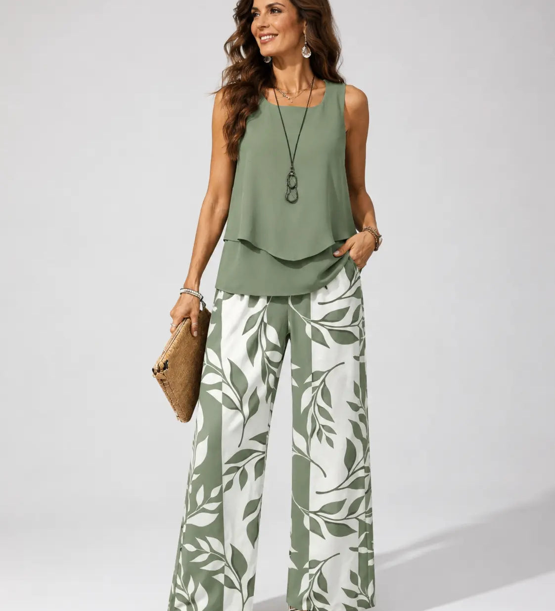 Petronila sage green sleeveless layered top and wide-leg leaf print pants set