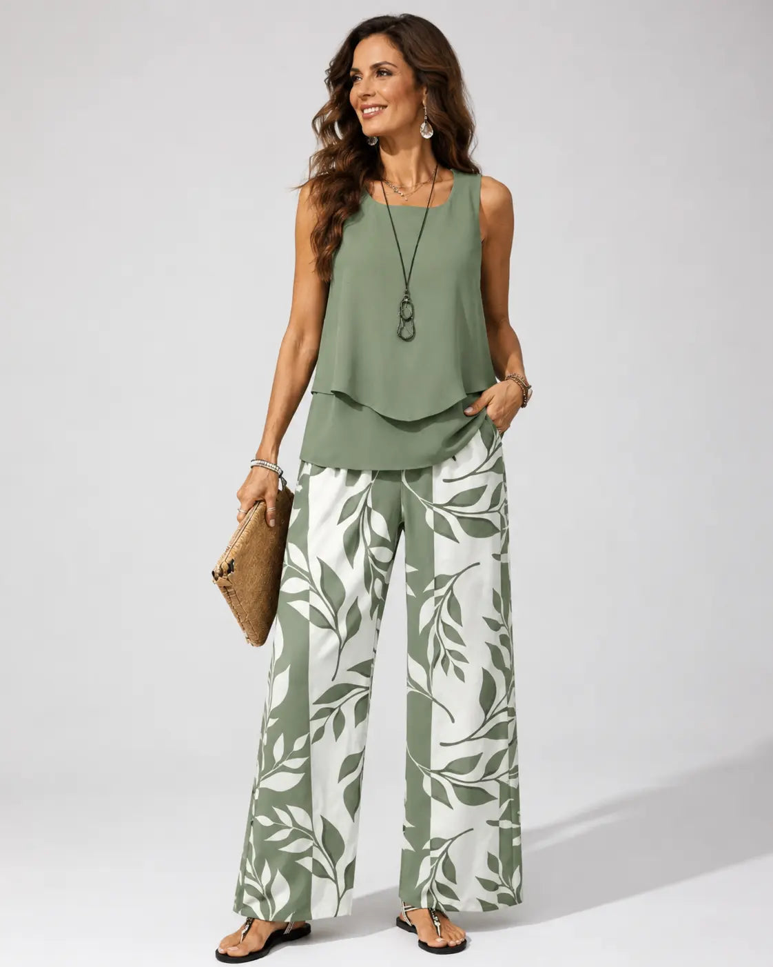 Petronila sage green sleeveless layered top and wide-leg leaf print pants set