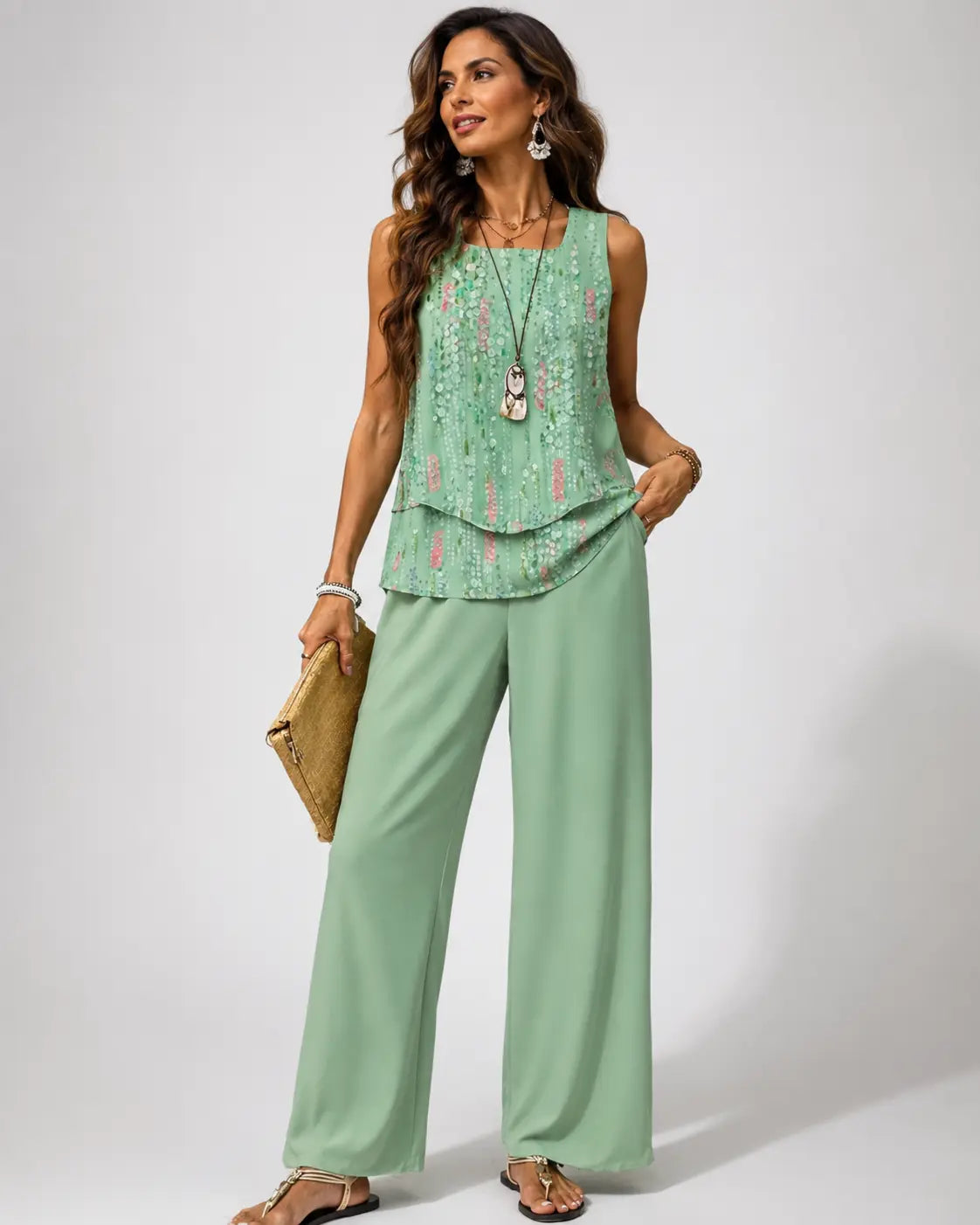 Mint green layered sleeveless top with floral print and matching wide-leg pants