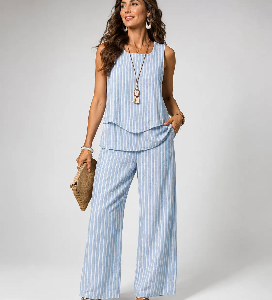 Light blue striped sleeveless top and wide-leg pants set
