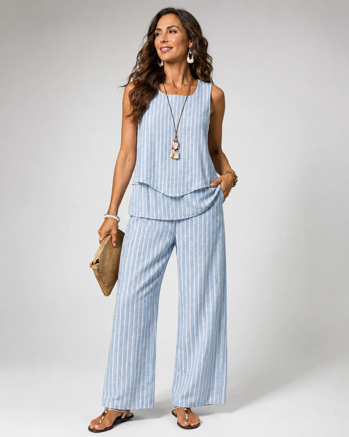 Light blue striped sleeveless top and wide-leg pants set