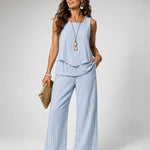 Light blue striped sleeveless top and wide-leg pants set
