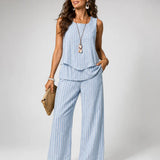 Light blue striped sleeveless top and wide-leg pants set