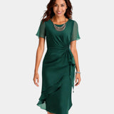 Green gathered-waist dress with front knot detail and layered ruffle skirt