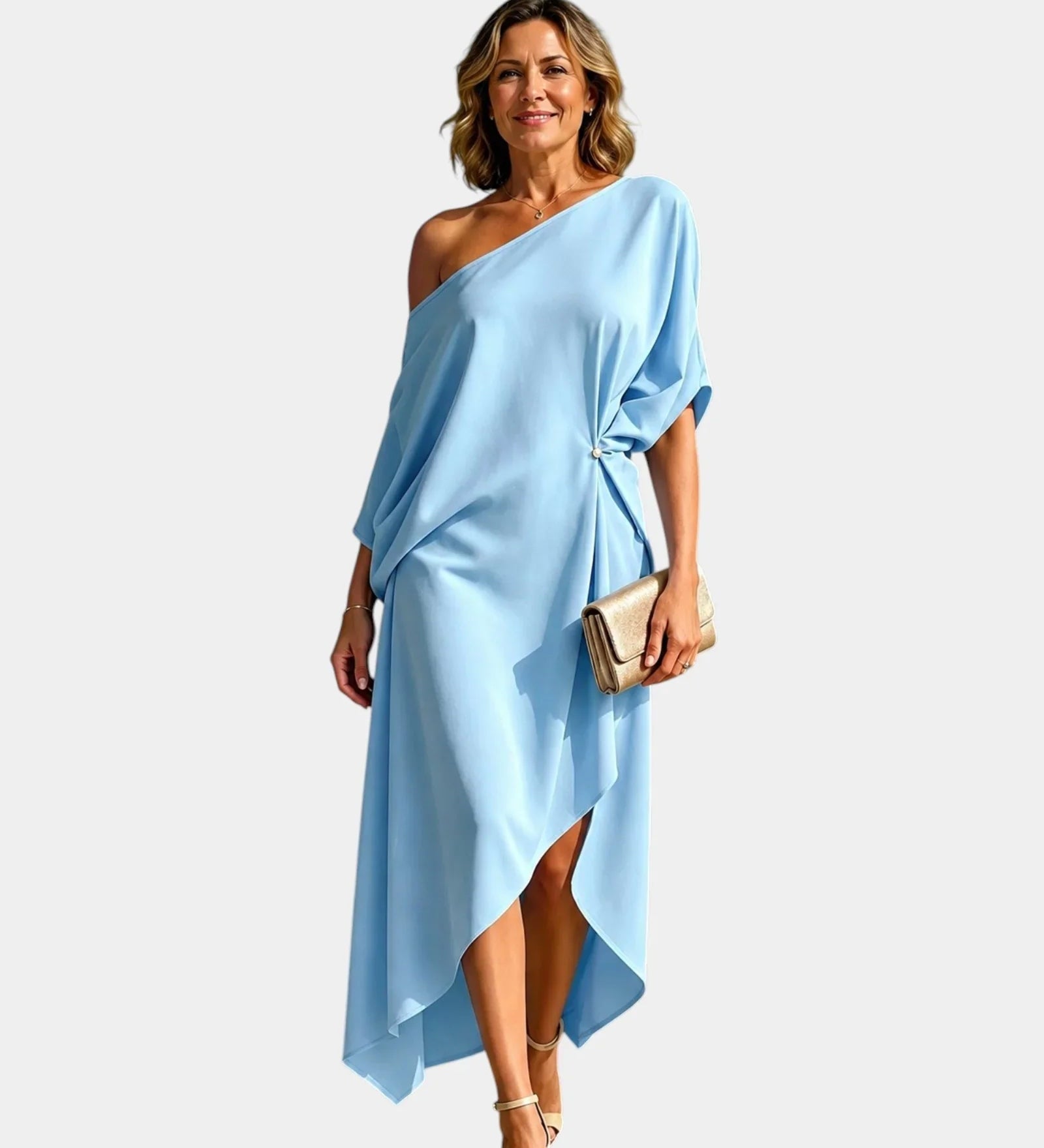 Light blue asymmetrical one-shoulder dress with draped side hem and waist knot