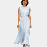 Light blue sleeveless long dress with waist tie and gathered skirt.