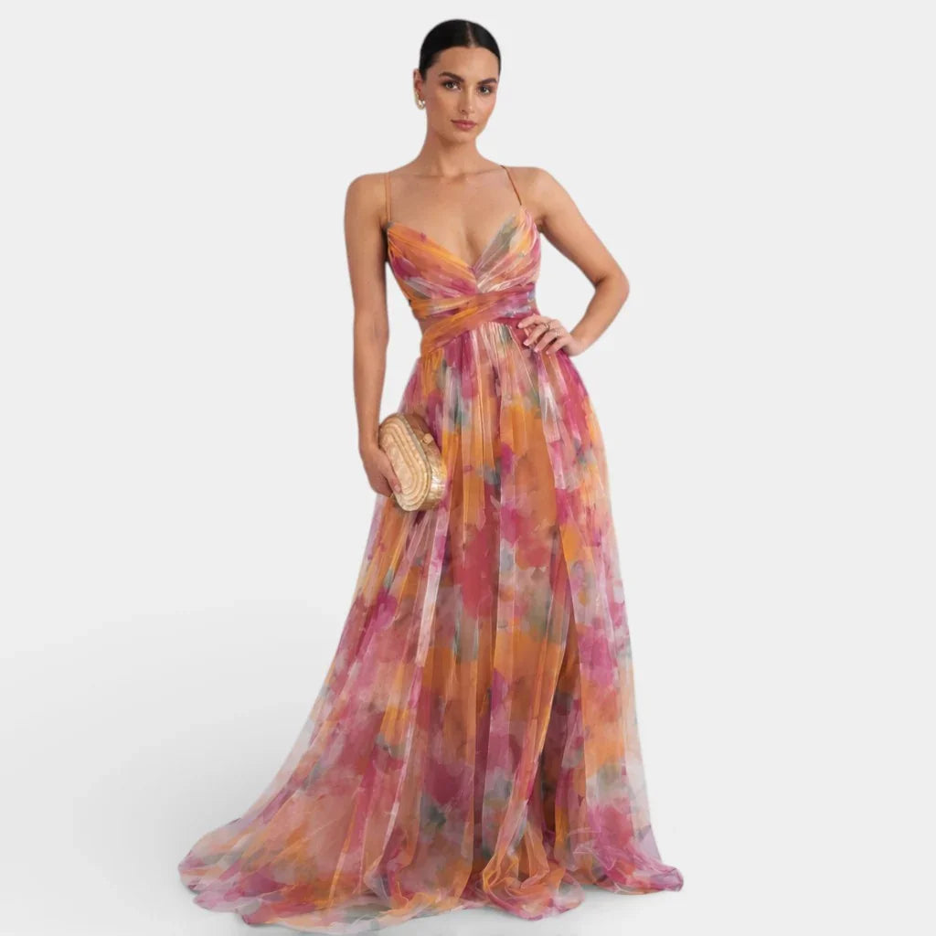 Long floral print maxi dress with spaghetti straps and fitted bodice, multicolor